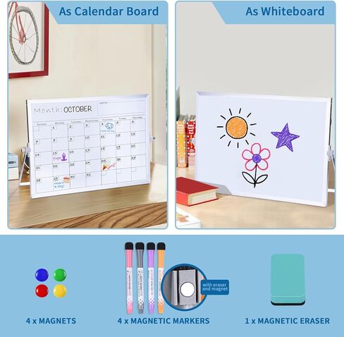 لوحة بيضاء محوّة جافة من جانبها مع حامل - 14 "× 10" مخطط شهري وأسبوعي مغناطيسي ، لوح مكتب صغير للمنزل والمكاتب والمدرسة استخدام in Kuwait