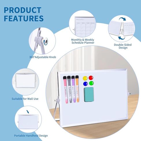 لوحة بيضاء محوّة جافة من جانبها مع حامل - 14 "× 10" مخطط شهري وأسبوعي مغناطيسي ، لوح مكتب صغير للمنزل والمكاتب والمدرسة استخدام in Kuwait