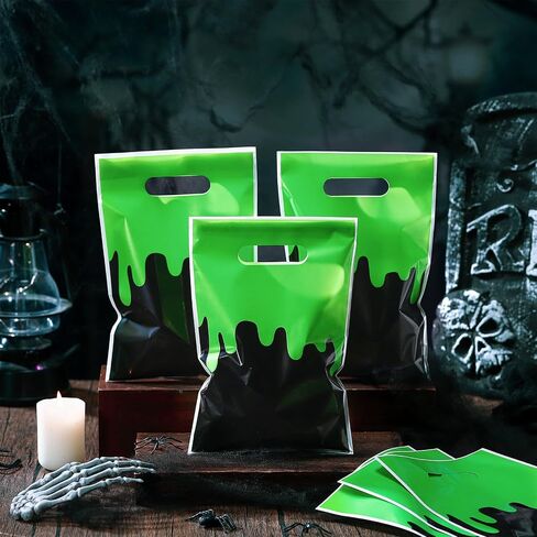 Yexiya 50 PCS Halloween Treat Bags with Bandles-Trick أو علاج أكياس الحلوى للأطفال الأخضر والبلاستيك البلاستيكي هدايا الحفلات Bag Halloween Goodie Bag Bag Bag Bag Bag Bag Bage for Zombie Ghost Party Supplies in Saudi Arabia