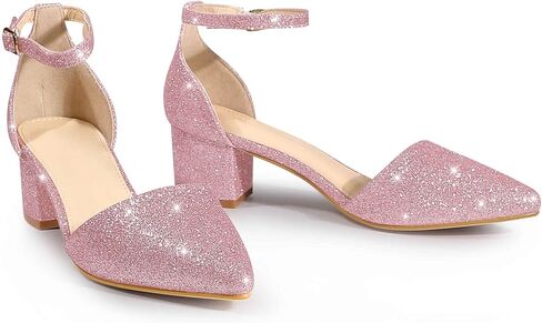 Perphy Glitter Pointed Toe Pumps Ankle Strap Buckle Chunky Block Heel Dress Pumps for Women in Saudi Arabia