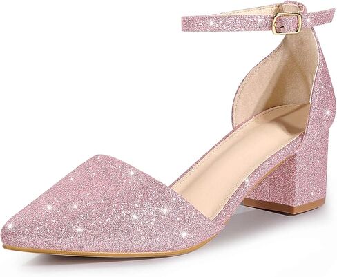 Perphy Glitter Pointed Toe Pumps Ankle Strap Buckle Chunky Block Heel Dress Pumps for Women in Saudi Arabia