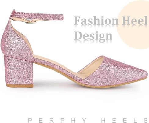 Perphy Glitter Pointed Toe Pumps Ankle Strap Buckle Chunky Block Heel Dress Pumps for Women in Saudi Arabia