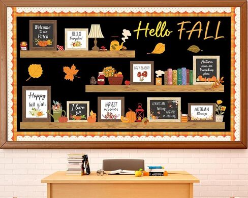Hello Fall Bulletin Board Set Fall Bookshelf Bulletin Decortations عيد الشكر ديكور الفصول الدراسية الخريف ونقلت الملصقات أوراق القرع لقواميف اليقطين لمدرسة الخريف الحصاد منزل السبورة للطباشير in Saudi Arabia