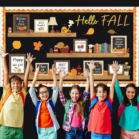 Hello Fall Bulletin Board Set Fall Bookshelf Bulletin Decortations عيد الشكر ديكور الفصول الدراسية الخريف ونقلت الملصقات أوراق القرع لقواميف اليقطين لمدرسة الخريف الحصاد منزل السبورة للطباشير in Saudi Arabia