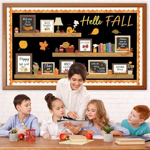 Hello Fall Bulletin Board Set Fall Bookshelf Bulletin Decortations عيد الشكر ديكور الفصول الدراسية الخريف ونقلت الملصقات أوراق القرع لقواميف اليقطين لمدرسة الخريف الحصاد منزل السبورة للطباشير in Saudi Arabia