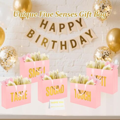 5 Senses Gift Bags for Him With Labels And Tissue Paper,12.6"X8.7"X4" Sight Smell Touch Taste Sound Black Medium Size Gift Bag for Men, Women, Birthday, Anniversary, Wedding, Valentine'S Day in Saudi Arabia