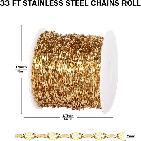 [33FT] 18K Gold PVD Plated Lip Chains for Jewelry Making 2MM Stainless Steel Sparkly Link Chain Bulk for Necklace Bracelet in Kuwait