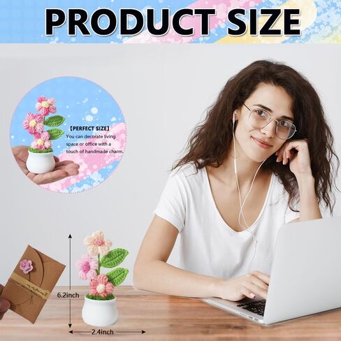 Knitting Crochet Puff Flowers Potted Plants, Handmade Knitted Gradient Colorful Flower for Home Office Car Decoration, Decorative Plants for Lasting Beauty, Gift for Women, Family, Friend（Light Pink） in Saudi Arabia