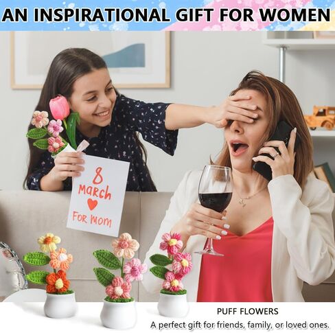 Knitting Crochet Puff Flowers Potted Plants, Handmade Knitted Gradient Colorful Flower for Home Office Car Decoration, Decorative Plants for Lasting Beauty, Gift for Women, Family, Friend（Light Pink） in Saudi Arabia