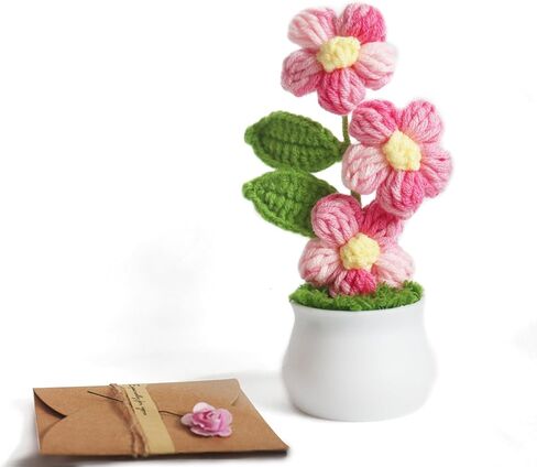 Knitting Crochet Puff Flowers Potted Plants, Handmade Knitted Gradient Colorful Flower for Home Office Car Decoration, Decorative Plants for Lasting Beauty, Gift for Women, Family, Friend（Light Pink） in Saudi Arabia