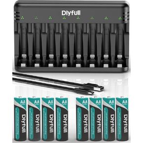 Dlyfull 8 Bay AA AAA Battery Charger with USB-C High-Speed Charging, Independent Slot for 1.2V Ni-MH Ni-CD Rechargeable Batteries, Cable Included in Kuwait