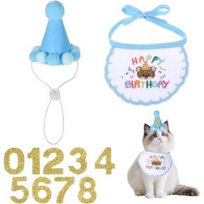 Cat Birthday Hat Outfit Party Decorations Set Bandana Scarf with Number, Party Hat Dog Costumes Cute Kitten Puppy Bib Scarf for Small Medium Cats & Doggy(Blue) in Saudi Arabia