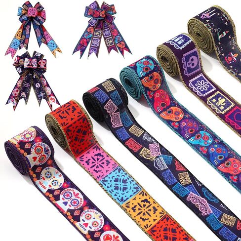 6 Rolls 30 Yards Days of The Dead Ribbons 2'' Mexican Dia De Los Meurtos Ribbon Wired Edge Sugar Skull Papel Picado Skeleton for Wreath Bows DIY Craft Gift Wrapping Halloween Mexican Party Supplies in Saudi Arabia