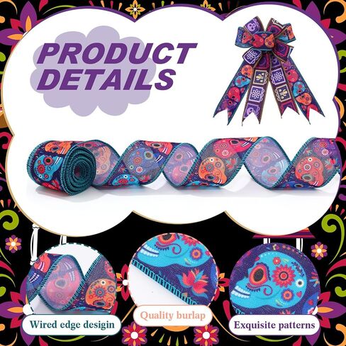 6 Rolls 30 Yards Days of The Dead Ribbons 2'' Mexican Dia De Los Meurtos Ribbon Wired Edge Sugar Skull Papel Picado Skeleton for Wreath Bows DIY Craft Gift Wrapping Halloween Mexican Party Supplies in Saudi Arabia