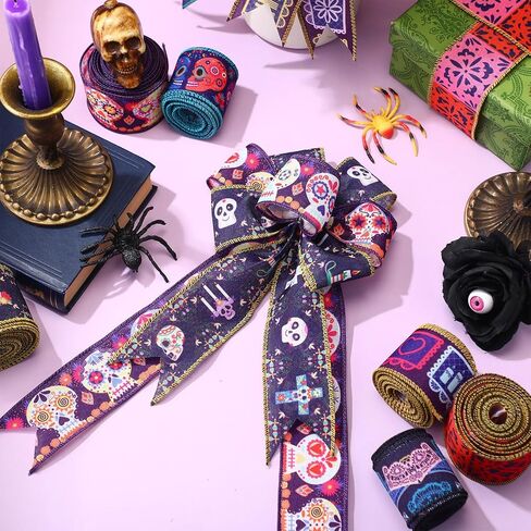 6 Rolls 30 Yards Days of The Dead Ribbons 2'' Mexican Dia De Los Meurtos Ribbon Wired Edge Sugar Skull Papel Picado Skeleton for Wreath Bows DIY Craft Gift Wrapping Halloween Mexican Party Supplies in Saudi Arabia