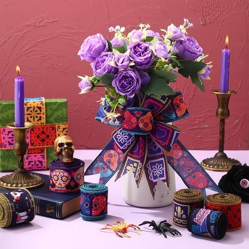 6 Rolls 30 Yards Days of The Dead Ribbons 2'' Mexican Dia De Los Meurtos Ribbon Wired Edge Sugar Skull Papel Picado Skeleton for Wreath Bows DIY Craft Gift Wrapping Halloween Mexican Party Supplies in Saudi Arabia