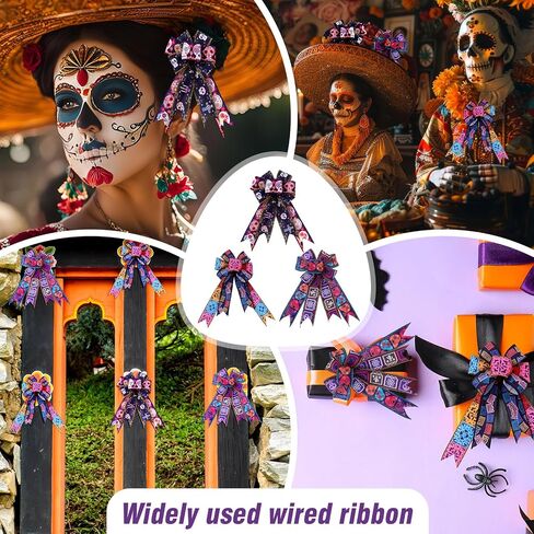 6 Rolls 30 Yards Days of The Dead Ribbons 2'' Mexican Dia De Los Meurtos Ribbon Wired Edge Sugar Skull Papel Picado Skeleton for Wreath Bows DIY Craft Gift Wrapping Halloween Mexican Party Supplies in Saudi Arabia