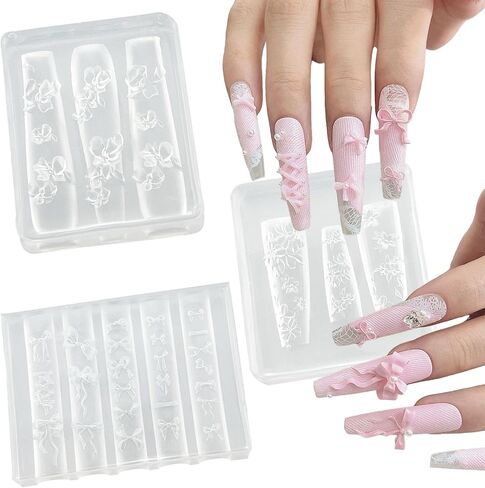 3PCS 3D Flowers Nail Mold, Floral Nail Charms Resin Molds Bow Silicone Carving Template for Manicure Design Tool Nail Supplies in Saudi Arabia