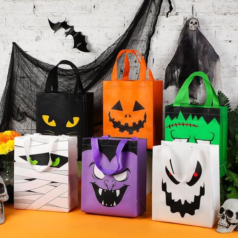 Paterr 30 Pcs Halloween Candy Bags Reusable Non Woven Treat Gift Bags Cat Ghost Mummy Vampire Zombie Pumpkin Tote with Handles Bulk for Halloween Party Kids Birthday in Saudi Arabia