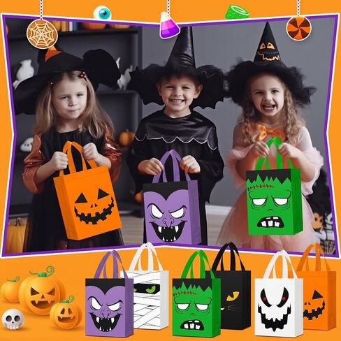 Paterr 30 PCS Halloween Candy Calcs غير قابلة لإعادة الاستخدام غير المنسوجة حقائب الهدايا Cat Ghost Mummy Vampire Zombie Bumpkin مع مقابض كبيرة لأطفال الحفلات عيد الهالوين in Kuwait