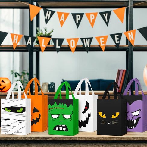 Paterr 30 Pcs Halloween Candy Bags Reusable Non Woven Treat Gift Bags Cat Ghost Mummy Vampire Zombie Pumpkin Tote with Handles Bulk for Halloween Party Kids Birthday in Saudi Arabia