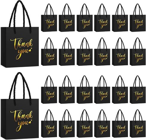 Honoson 30 PCS Mini Gift Bag مع مقبض 4 × 2.75 × 4.5 '' صغير شكرًا لك على حقيبة ورقية لحفل زفاف عيد ميلاد التخرج من حفلة عيد الشكر اللوازم (الأسود/الذهب) in Saudi Arabia