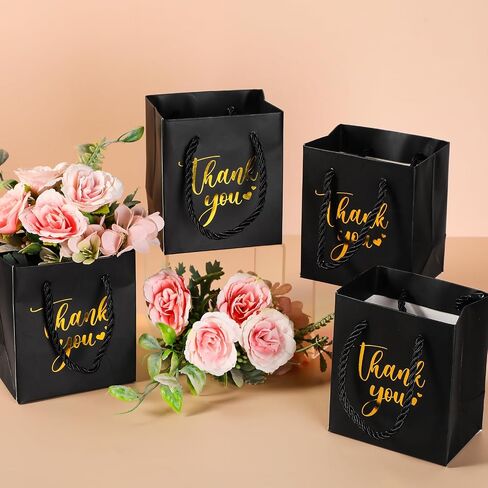 Honoson 30 PCS Mini Gift Bag مع مقبض 4 × 2.75 × 4.5 '' صغير شكرًا لك على حقيبة ورقية لحفل زفاف عيد ميلاد التخرج من حفلة عيد الشكر اللوازم (الأسود/الذهب) in Saudi Arabia