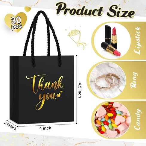 Honoson 30 PCS Mini Gift Bag مع مقبض 4 × 2.75 × 4.5 '' صغير شكرًا لك على حقيبة ورقية لحفل زفاف عيد ميلاد التخرج من حفلة عيد الشكر اللوازم (الأسود/الذهب) in Saudi Arabia