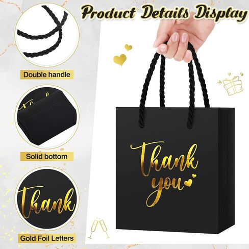 Honoson 30 PCS Mini Gift Bag مع مقبض 4 × 2.75 × 4.5 '' صغير شكرًا لك على حقيبة ورقية لحفل زفاف عيد ميلاد التخرج من حفلة عيد الشكر اللوازم (الأسود/الذهب) in Saudi Arabia