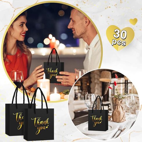 Honoson 30 PCS Mini Gift Bag مع مقبض 4 × 2.75 × 4.5 '' صغير شكرًا لك على حقيبة ورقية لحفل زفاف عيد ميلاد التخرج من حفلة عيد الشكر اللوازم (الأسود/الذهب) in Saudi Arabia