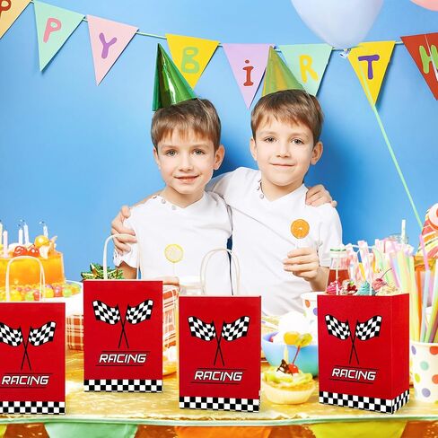 24 PCS Race Car Gift Bags Checkered Racing Flag Treat Bags Race Car Themed Party Favors Goodie Candy Paper Bag with Handles for Racing Themed Birthday Party Supplies in Saudi Arabia