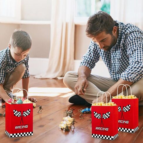 24 PCS Race Car Gift Bags Checkered Racing Flag Treat Bags Race Car Themed Party Favors Goodie Candy Paper Bag with Handles for Racing Themed Birthday Party Supplies in Saudi Arabia