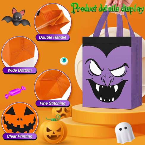 Paterr 30 Pcs Halloween Candy Bags Reusable Non Woven Treat Gift Bags Cat Ghost Mummy Vampire Zombie Pumpkin Tote with Handles Bulk for Halloween Party Kids Birthday in Saudi Arabia
