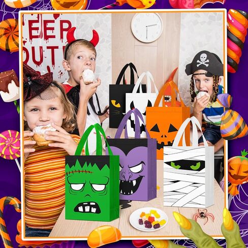 Paterr 30 Pcs Halloween Candy Bags Reusable Non Woven Treat Gift Bags Cat Ghost Mummy Vampire Zombie Pumpkin Tote with Handles Bulk for Halloween Party Kids Birthday in Saudi Arabia