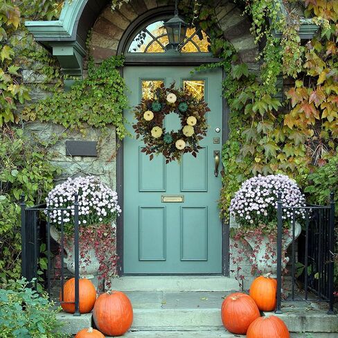 AMF0RESJ إكليل زهور الأقحوان الأصفر الاصطناعي إكليل الربيع والصيف مع أوراق الزيتون، وأوراق الأوكالبتوس للباب الأمامي الداخلي والخارجي وشرفة الحائط وديكور المنزل في المزرعة in Kuwait