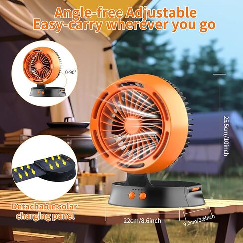 مروحة تعمل بالطاقة الشمسية، مروحة بطارية لاسلكية قابلة لإعادة الشحن بقدرة 10400 مللي أمبير في الساعة تعمل بالطاقة الشمسية مع فانوس LED | 4 سرعات رياح قابلة للتعديل | 3 أوضاع توقيت | مروحة تخييم محمولة وهادئة للسفر والخيمة وصيد الأسماك والنزهة in Kuwait