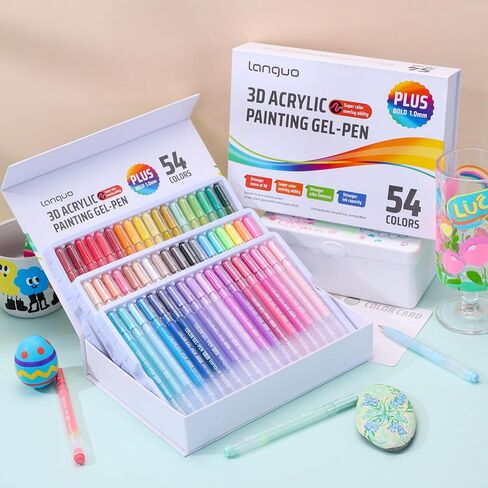 Acrylic Gel Pens for Coloring, 54 Colors Set 3D Acrylic Paint Pens with 1mm Bullet Tip for Adult Coloring, Gel Pens for Black Paper, Rock, Glass, Fabric, DIY and Art Crafts Supplies in Kuwait