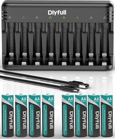 Dlyfull 8 Bay AA AAA Battery Charger with USB-C High-Speed Charging, Independent Slot for 1.2V Ni-MH Ni-CD Rechargeable Batteries, Cable Included in Kuwait