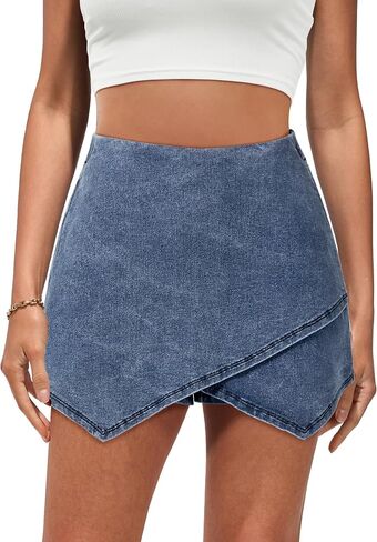 Luvamia جان Skorts للمرأة عالية الخصر سحب على بسط الدنيم تنّورة ملفوفة مع السراويل العصرية غير المتكافئة Skort in Saudi Arabia