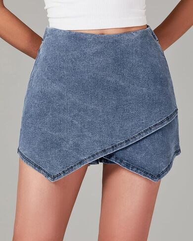 Luvamia جان Skorts للمرأة عالية الخصر سحب على بسط الدنيم تنّورة ملفوفة مع السراويل العصرية غير المتكافئة Skort in Saudi Arabia