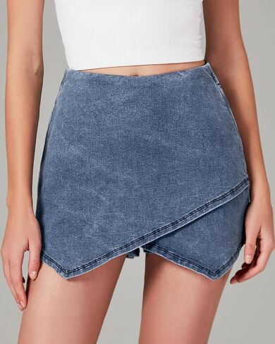 Luvamia جان Skorts للمرأة عالية الخصر سحب على بسط الدنيم تنّورة ملفوفة مع السراويل العصرية غير المتكافئة Skort in Saudi Arabia