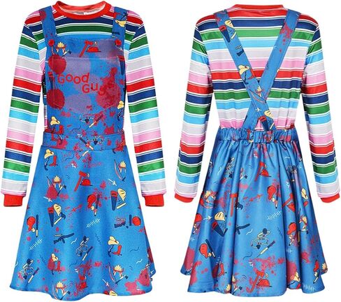 Volrath 3 Piece Halloween Nightmare Killer Doll Cosplay Costumes Scary Rainbow Stripe Shirt with Blue Jumpsuit Outfit Sets in Kuwait