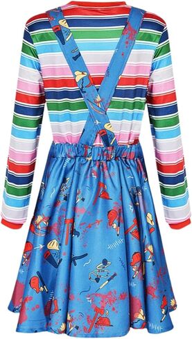 Volrath 3 Piece Halloween Nightmare Killer Doll Cosplay Costumes Scary Rainbow Stripe Shirt with Blue Jumpsuit Outfit Sets in Kuwait