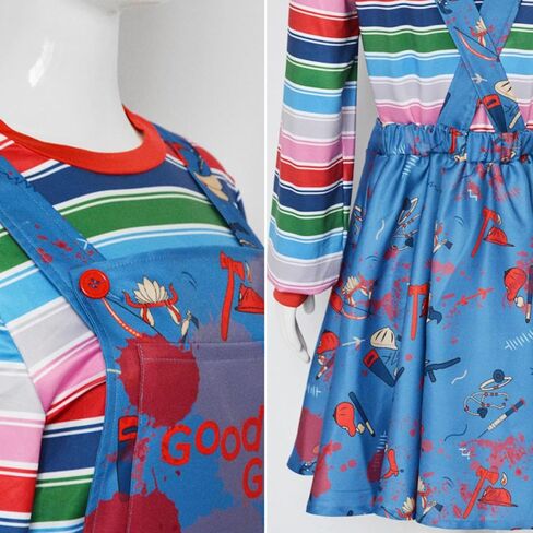 Volrath 3 Piece Halloween Nightmare Killer Doll Cosplay Costumes Scary Rainbow Stripe Shirt with Blue Jumpsuit Outfit Sets in Kuwait