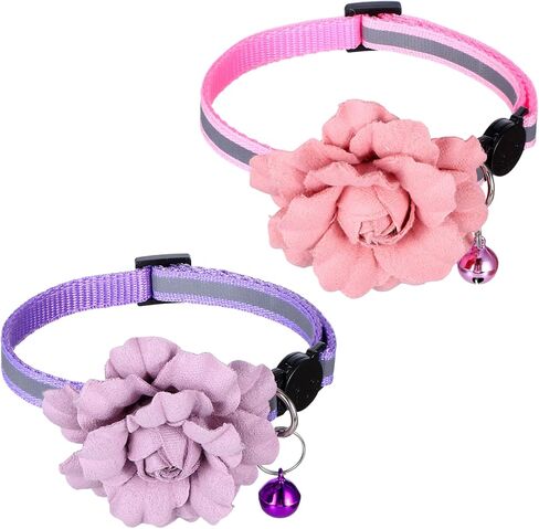 2 Pack Cute Cat Collar, Girls Cat Collars, Flexible Adjustable Floral Cats Bowtie Collar, Removable Kitten Collars with Bells for Boys Girls Cats Puppies Small Pets,Purple Pink in Kuwait