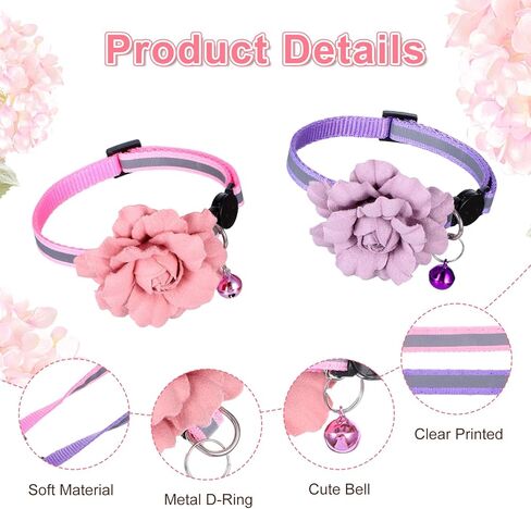 2 Pack Cute Cat Collar, Girls Cat Collars, Flexible Adjustable Floral Cats Bowtie Collar, Removable Kitten Collars with Bells for Boys Girls Cats Puppies Small Pets,Purple Pink in Kuwait