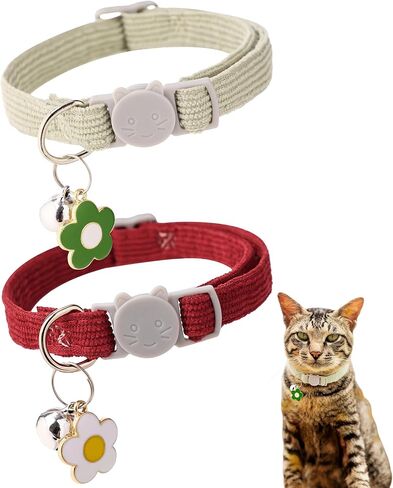 2 Pack Cat Collar with Bells, Corduroy Adjustable Kitten Collars with Breakaway Safety Buckle for Boy Girl Cats-Green Blue in Kuwait