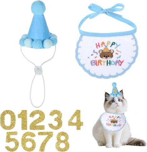 Cat Birthday Hat Outfit Party Decorations Set Bandana Scarf with Number, Party Hat Dog Costumes Cute Kitten Puppy Bib Scarf for Small Medium Cats & Doggy(Blue) in Saudi Arabia