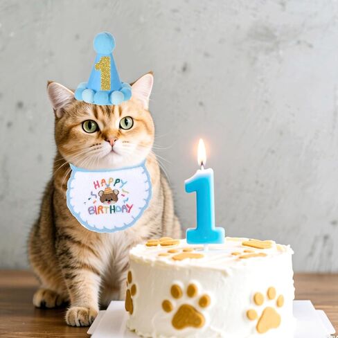 Cat Birthday Hat Outfit Party Decorations Set Bandana Scarf with Number, Party Hat Dog Costumes Cute Kitten Puppy Bib Scarf for Small Medium Cats & Doggy(Blue) in Saudi Arabia