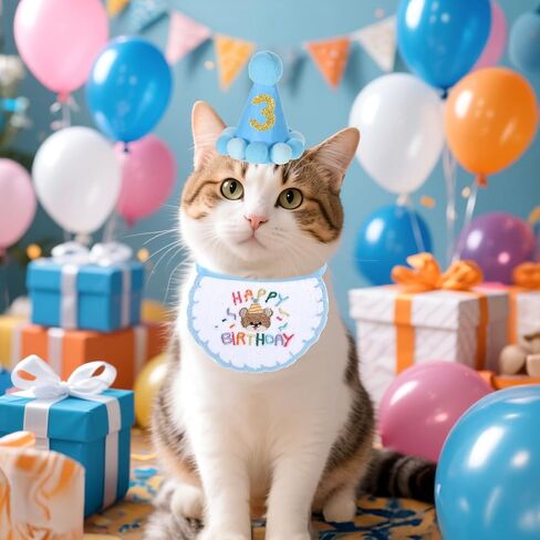 Cat Birthday Hat Outfit Party Decorations Set Bandana Scarf with Number, Party Hat Dog Costumes Cute Kitten Puppy Bib Scarf for Small Medium Cats & Doggy(Blue) in Saudi Arabia